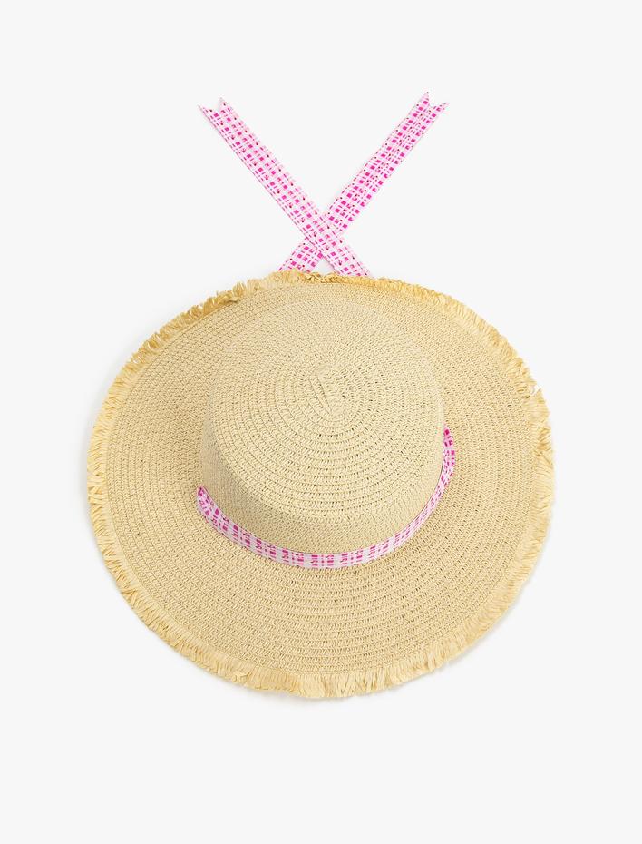 Kız Çocuk Hasır Şapka Kuşaklı Çene Bağlama Detaylı