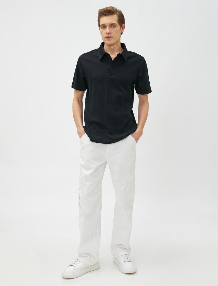  Polo Yaka Tişört Dokulu Düğmeli Dar Kesim Kısa Kollu