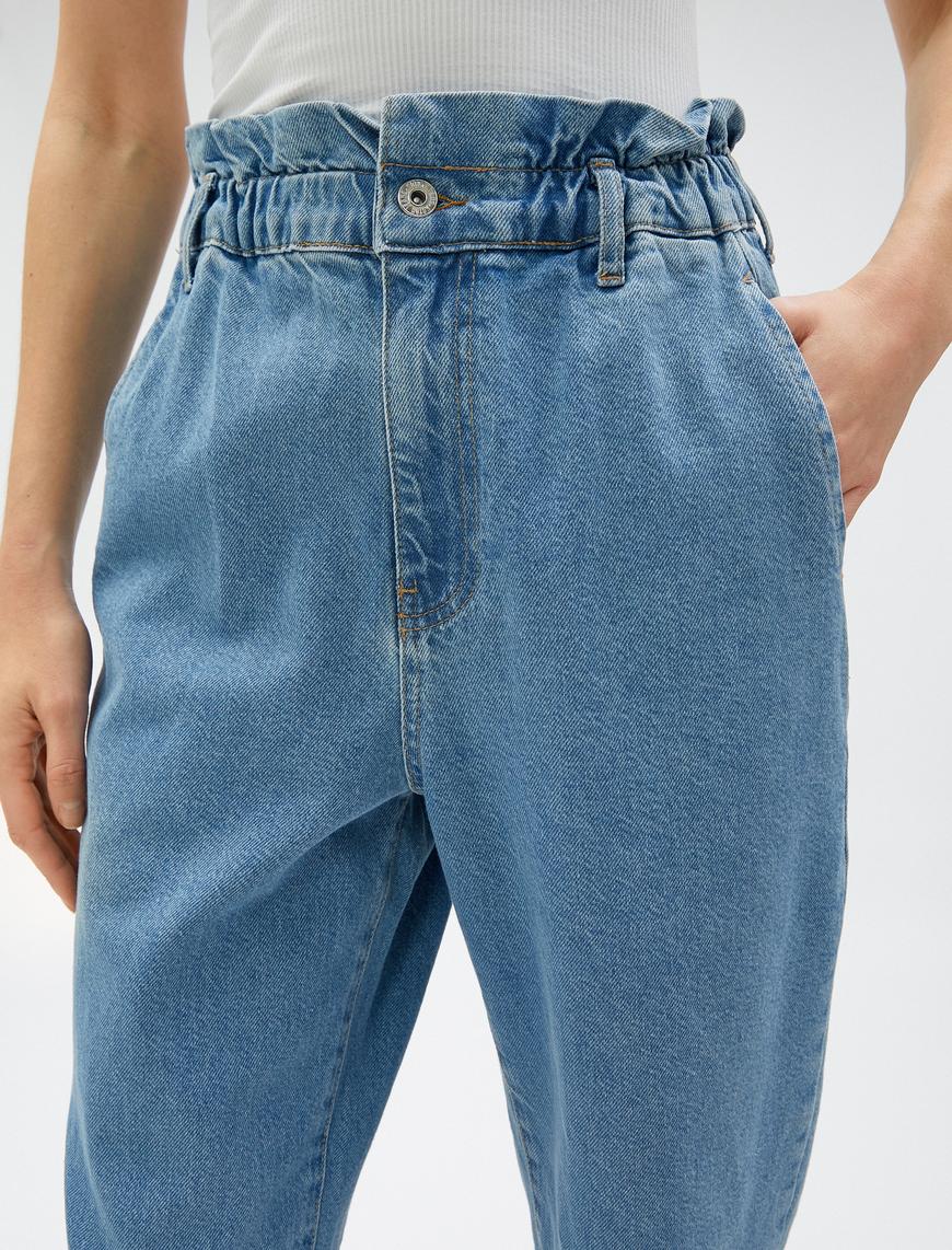   Kot Pantolon Beli Lastikli Rahat Kesim Yüksek Bel - Baggy Jean