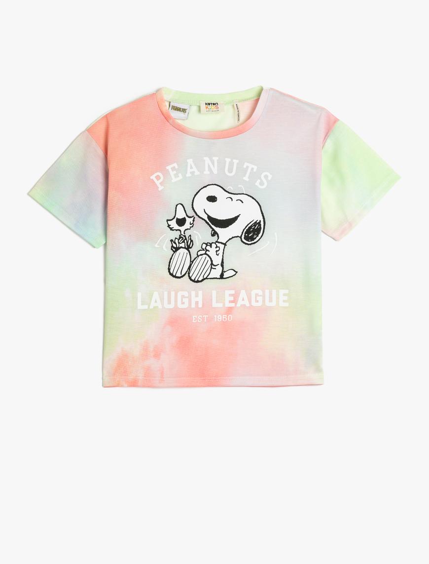  Kız Çocuk Snoopy Tişört Lisanslı Kısa Kollu Bisiklet Yaka Batik Desenli
