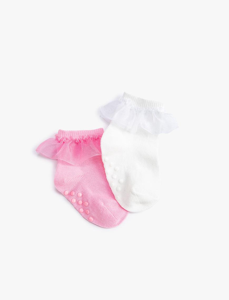  Kız Bebek Çorap 2’li Tül Detaylı Pamuk Karışımlı Kaydırmaz