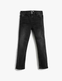 Kot Pantolon Yıpratılmış Detaylı Pamuklu Cepli - Slim Jean  Beli Ayarlanabilir Lastikli