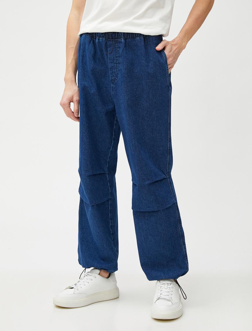   Kot Paraşüt Pantolon Bol Kesim Cep Detaylı Beli ve Paçası Stoperli Pamuklu