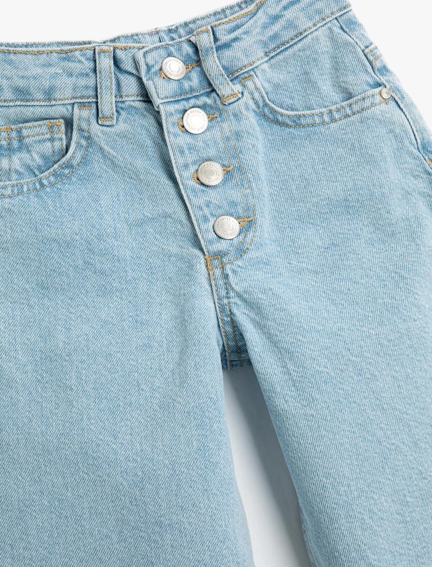  Kız Çocuk Bol Paça Düğme Kapamalı Kot Pantolon - Wide Leg Jean Beli Ayarlanabilir Lastikli