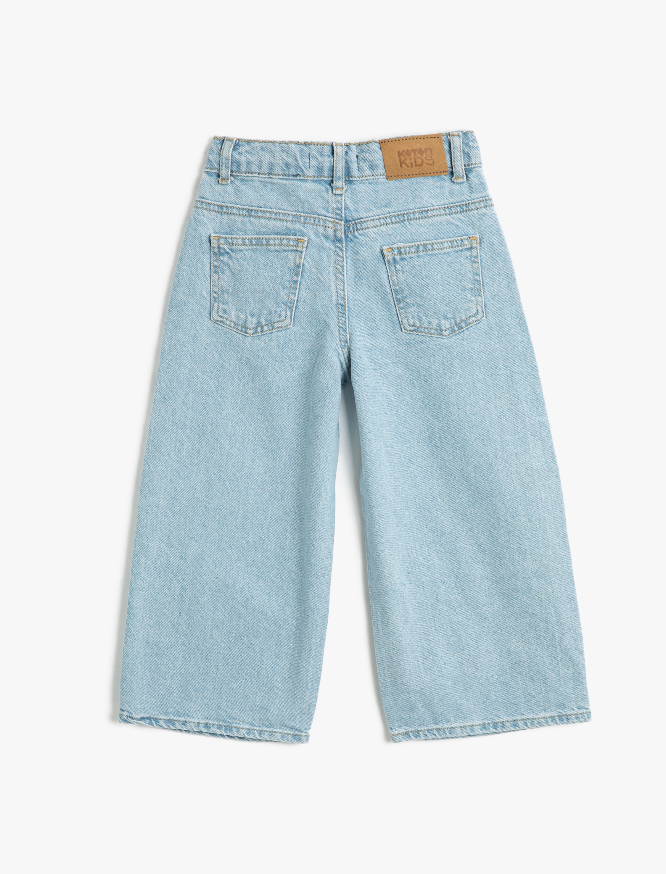  Kız Çocuk Bol Paça Düğme Kapamalı Kot Pantolon - Wide Leg Jean Beli Ayarlanabilir Lastikli