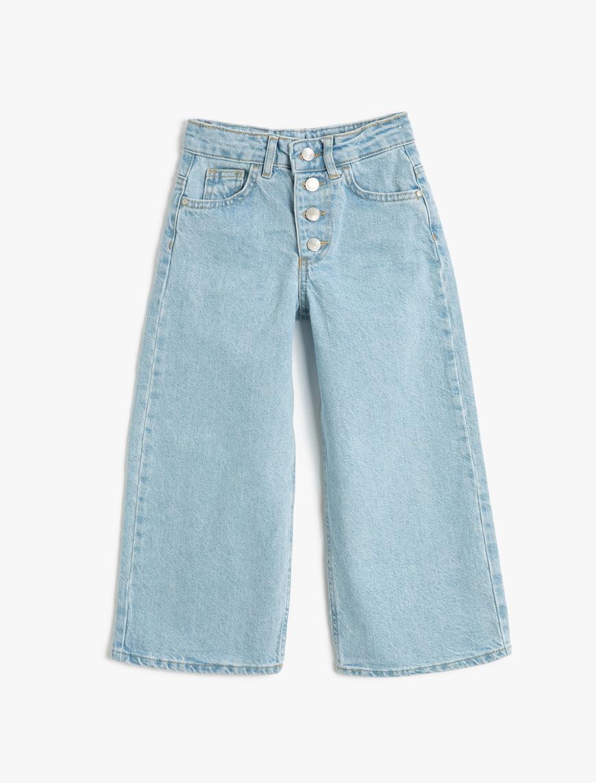  Kız Çocuk Bol Paça Düğme Kapamalı Kot Pantolon - Wide Leg Jean Beli Ayarlanabilir Lastikli