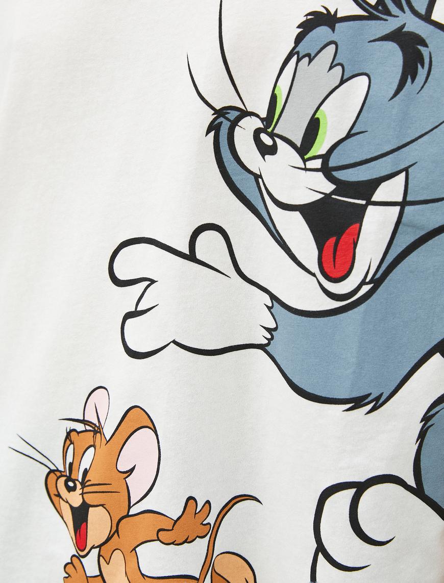   Tom ve Jerry Tişört Oversize Baskılı Lisanslı Kısa Kollu Bisiklet Yaka