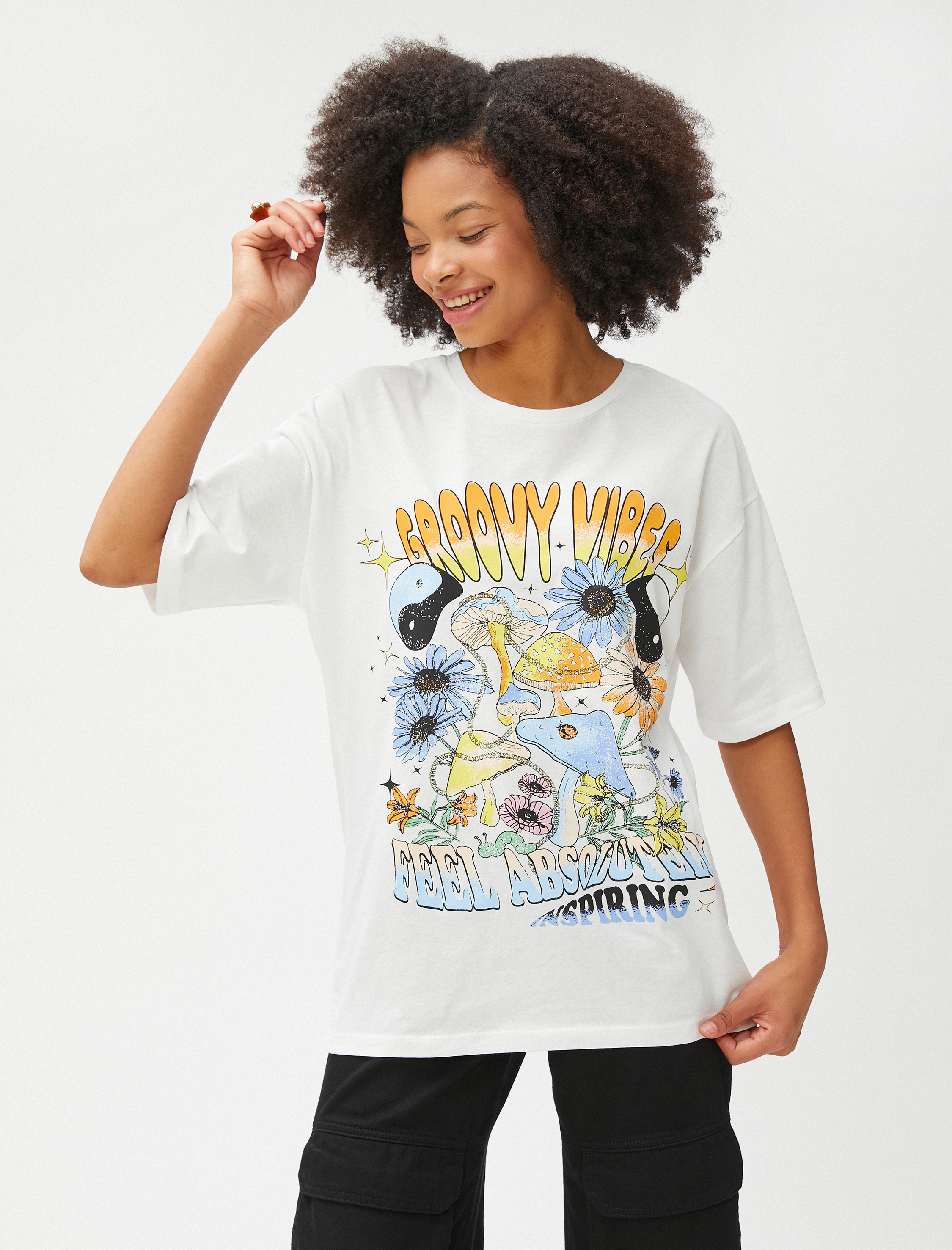   Baskılı Tişört Oversize Kısa Kollu Bisiklet Yaka Pamuklu