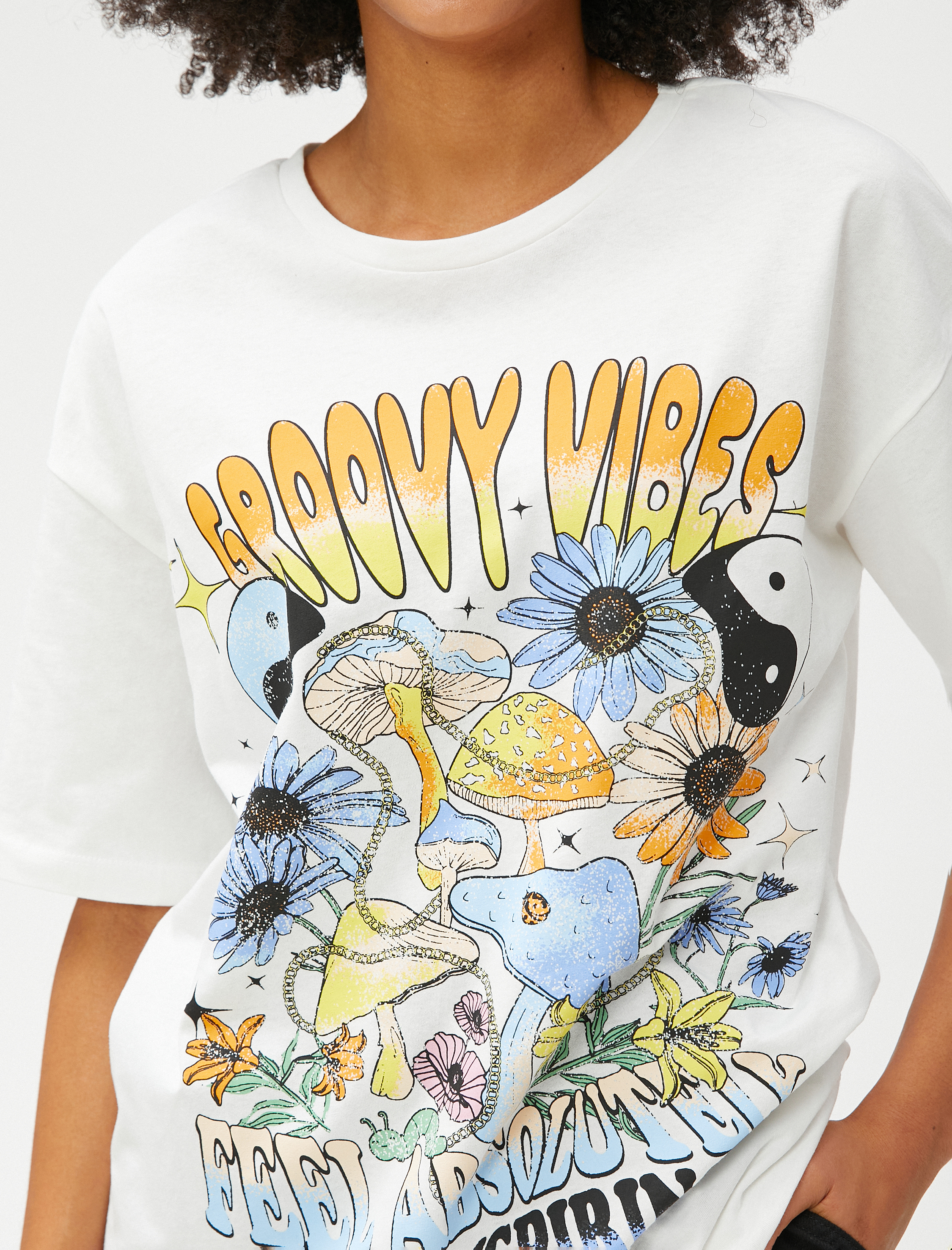   Baskılı Tişört Oversize Kısa Kollu Bisiklet Yaka Pamuklu