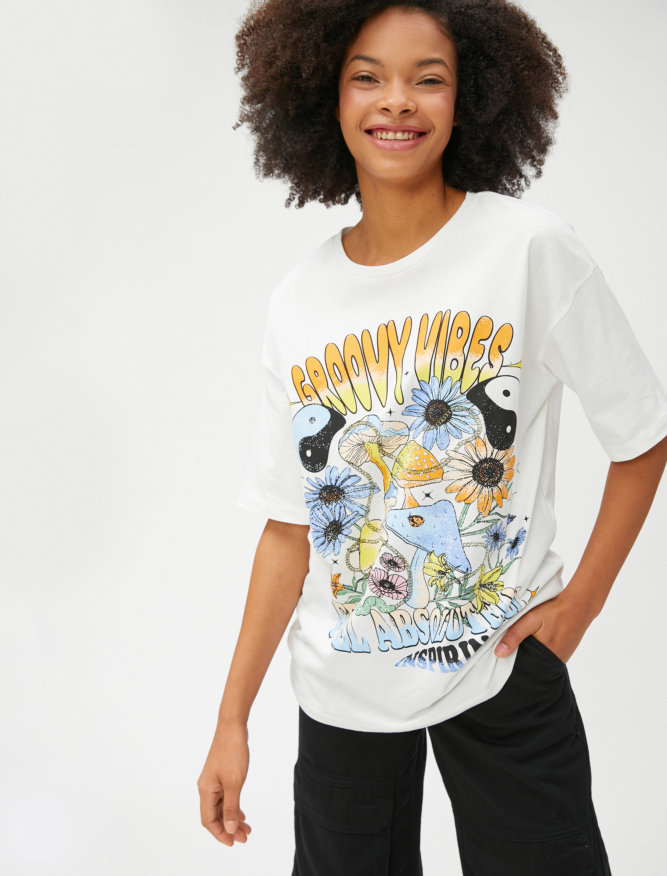   Baskılı Tişört Oversize Kısa Kollu Bisiklet Yaka Pamuklu