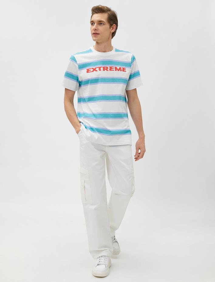  Slogan Baskılı Tişört Bisiklet Yaka Kısa Kollu Pamuklu