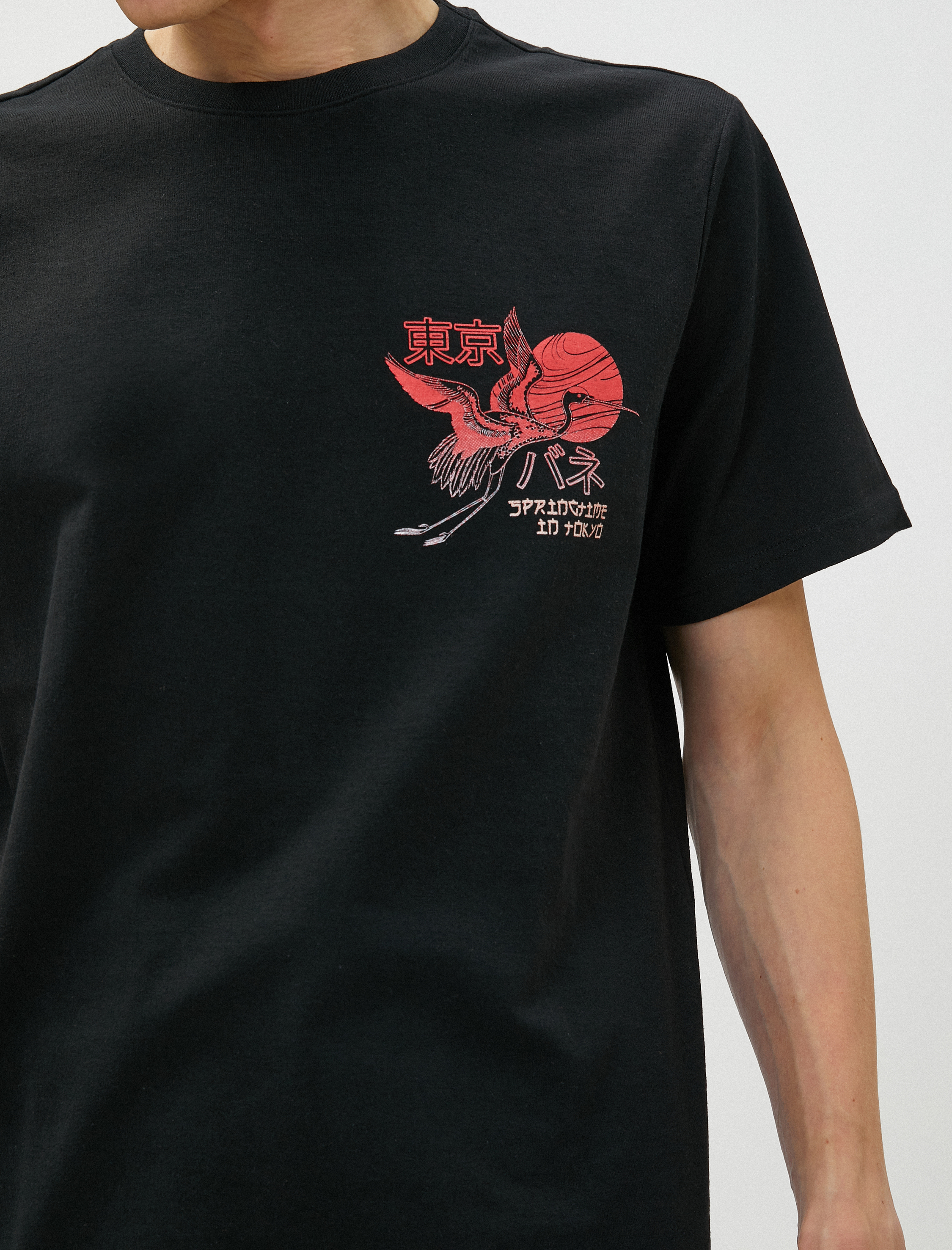   Uzakdoğu Baskılı Tişört Sırt Detaylı Bisiklet Yaka Kısa Kollu