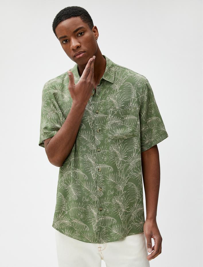  Yazlık Gömlek Kısa Kollu Botanik Baskılı Cep Detaylı Klasik Yaka