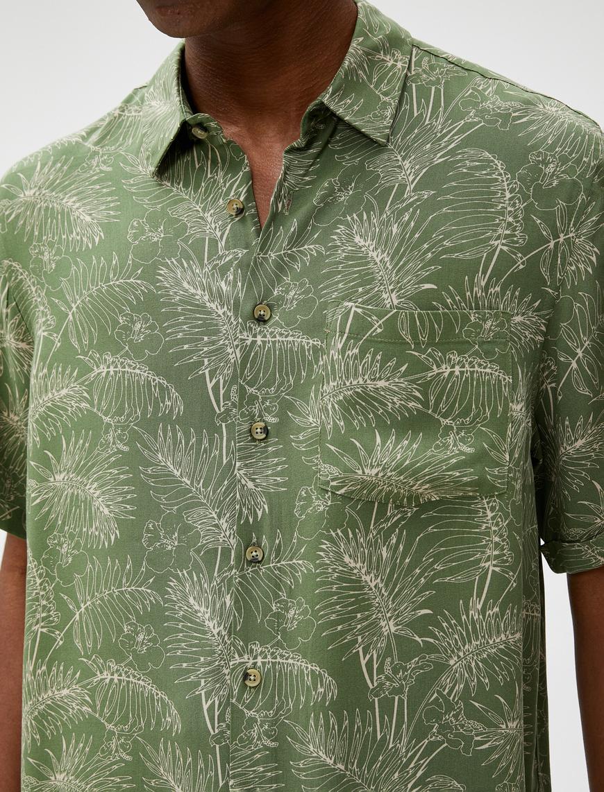   Yazlık Gömlek Kısa Kollu Botanik Baskılı Cep Detaylı Klasik Yaka