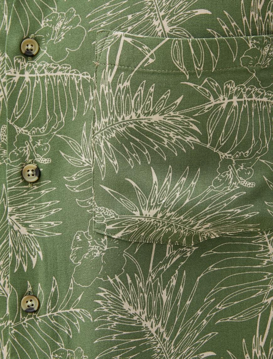   Yazlık Gömlek Kısa Kollu Botanik Baskılı Cep Detaylı Klasik Yaka