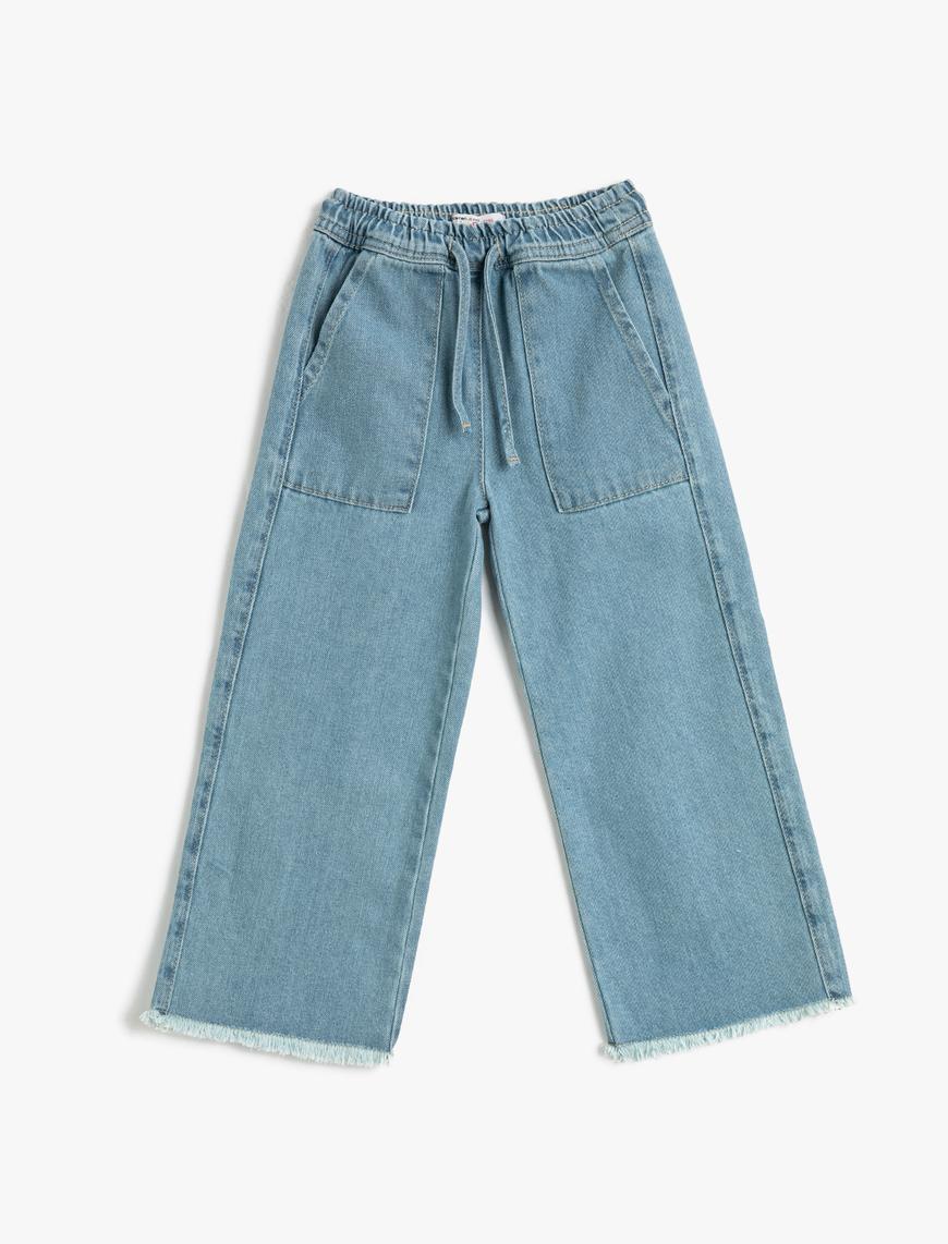  Kız Çocuk Kot Pantolon Bol Paça Beli Lastikli Cepli - Loose Jean