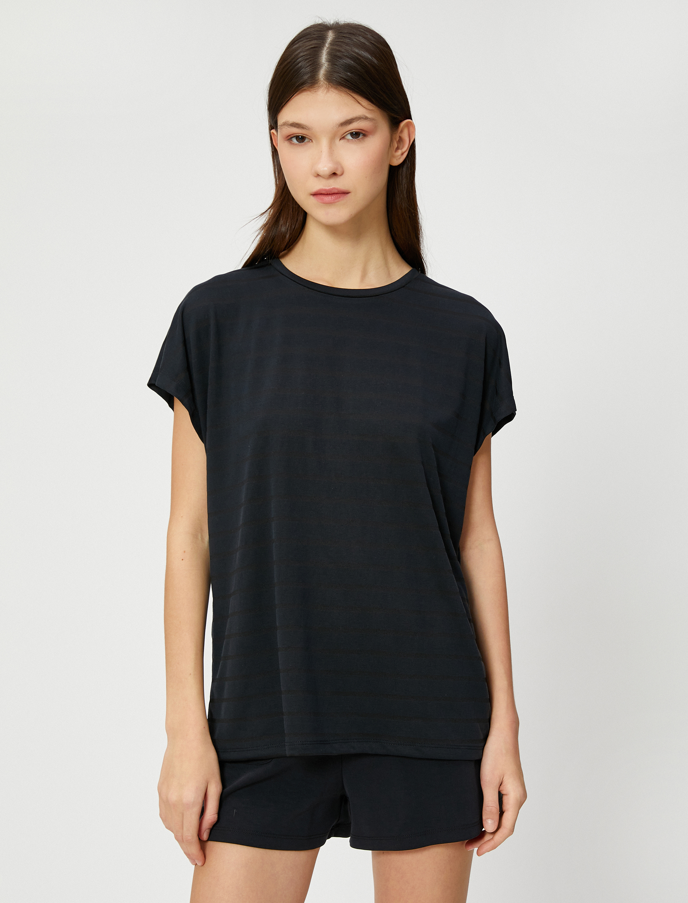   Oversize Çizgili Spor Tişört Modal Karışımlı