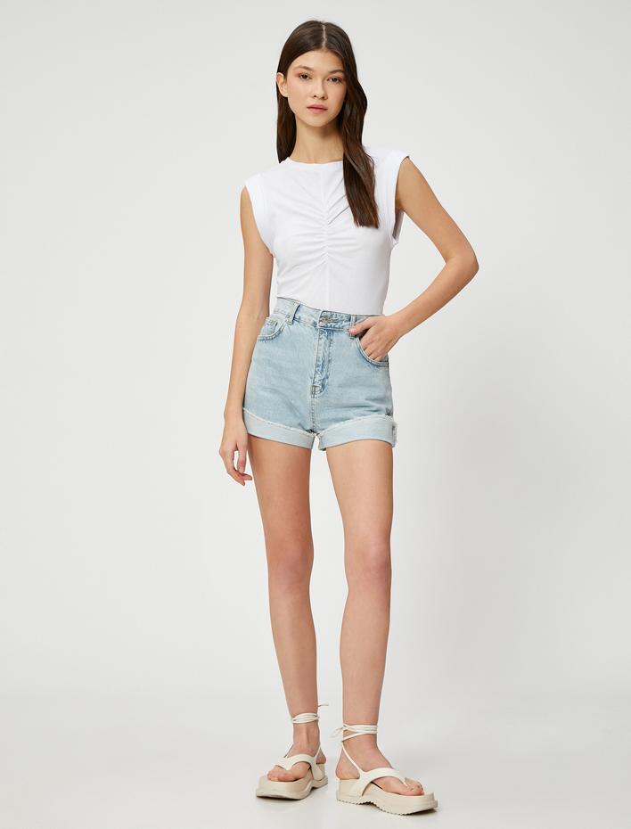  Crop Atlet Drapeli Bisiklet Yaka Pamuklu