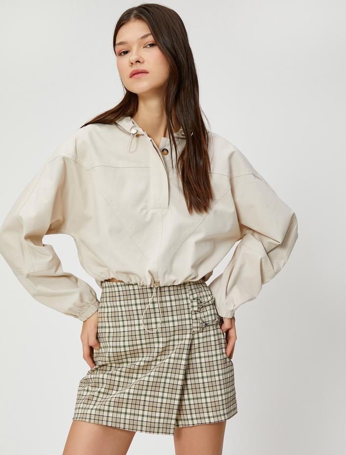  Crop Bluz Kapüşonlu Düğmeli Uzun Kollu Pamuklu