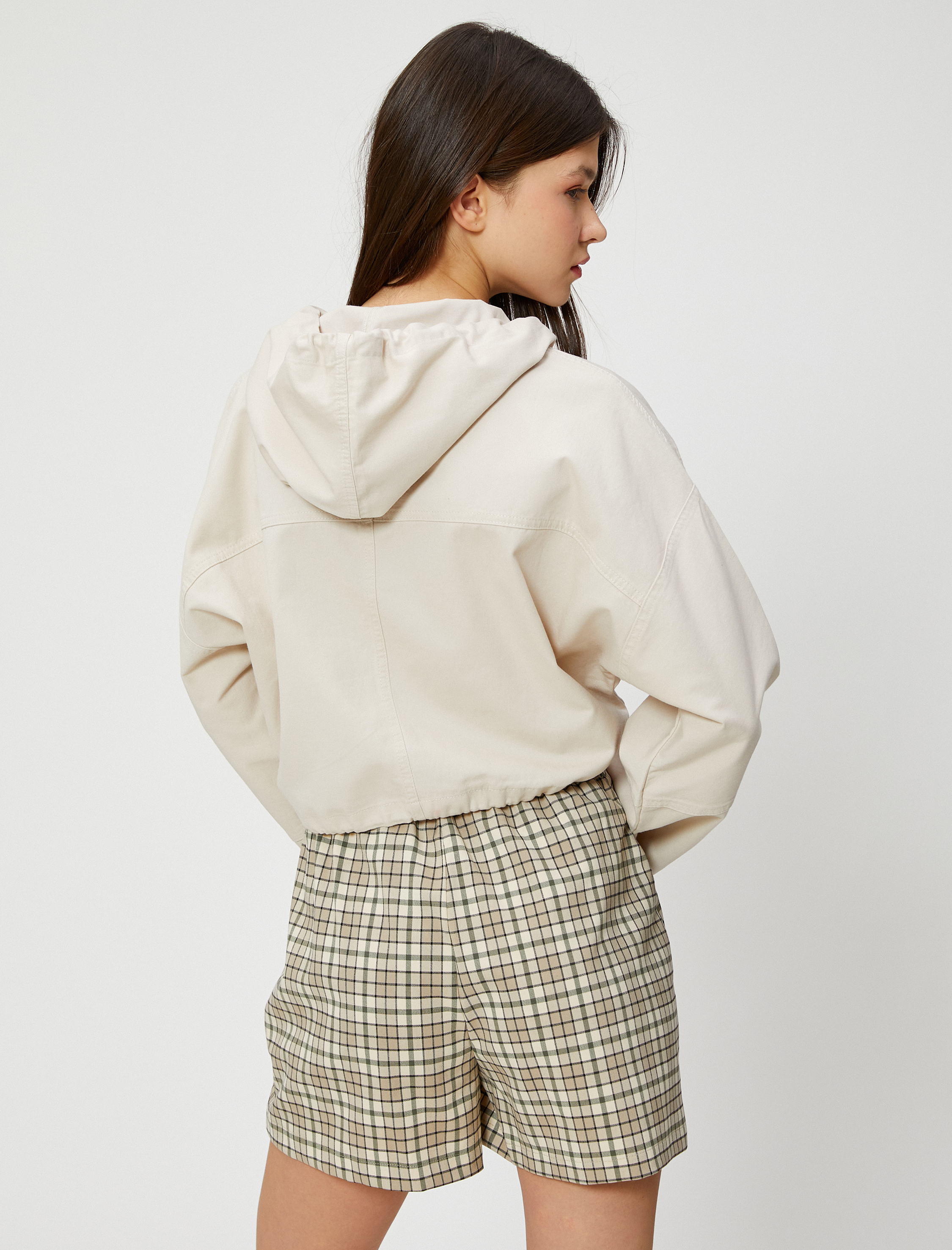   Crop Bluz Kapüşonlu Düğmeli Uzun Kollu Pamuklu