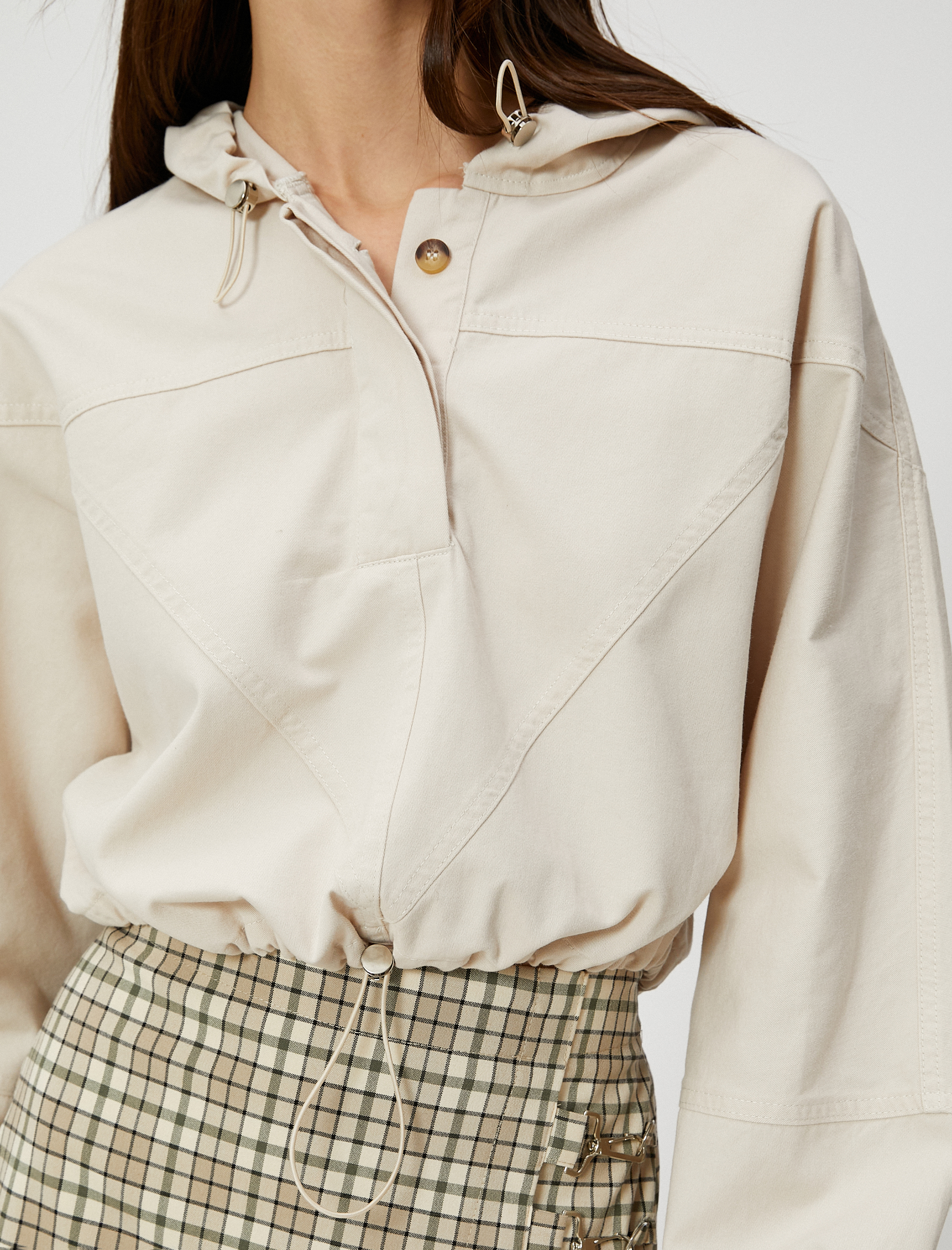   Crop Bluz Kapüşonlu Düğmeli Uzun Kollu Pamuklu