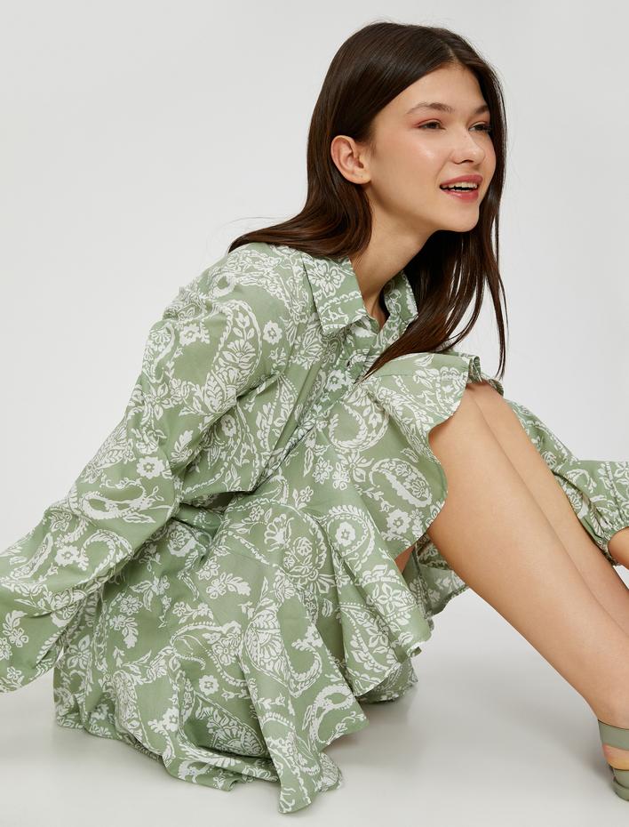  Mini Gömlek Elbise Kemer Detaylı Volanlı Balon Kollu