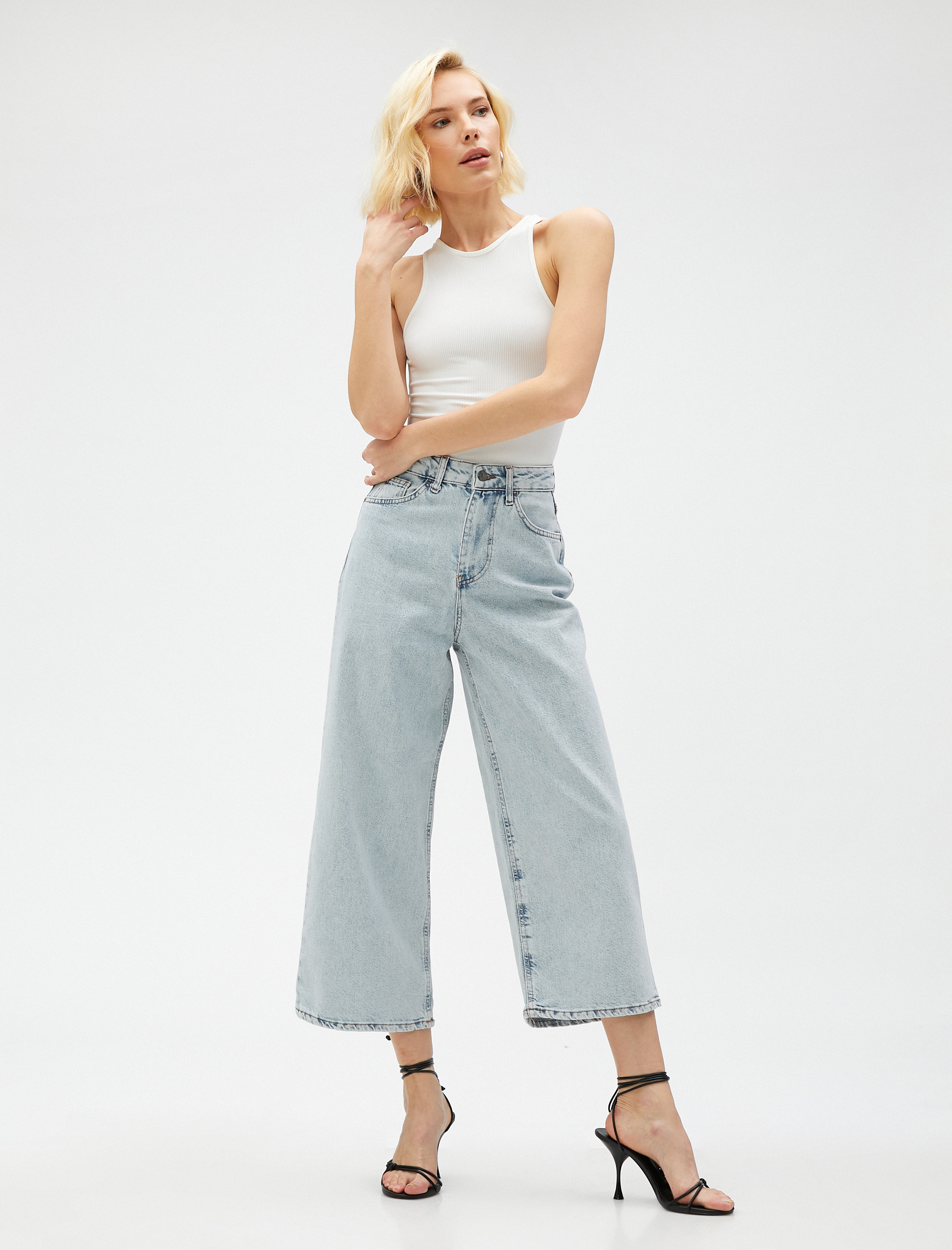   Geniş Kısa Paça Kot Pantolon Yüksek Bel - Sandra Jean