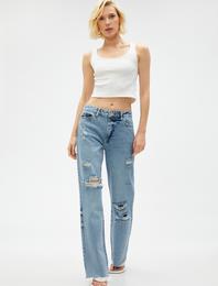 Düz Paça Kot Pantolon Yırtık Detaylı - Nora Jeans
