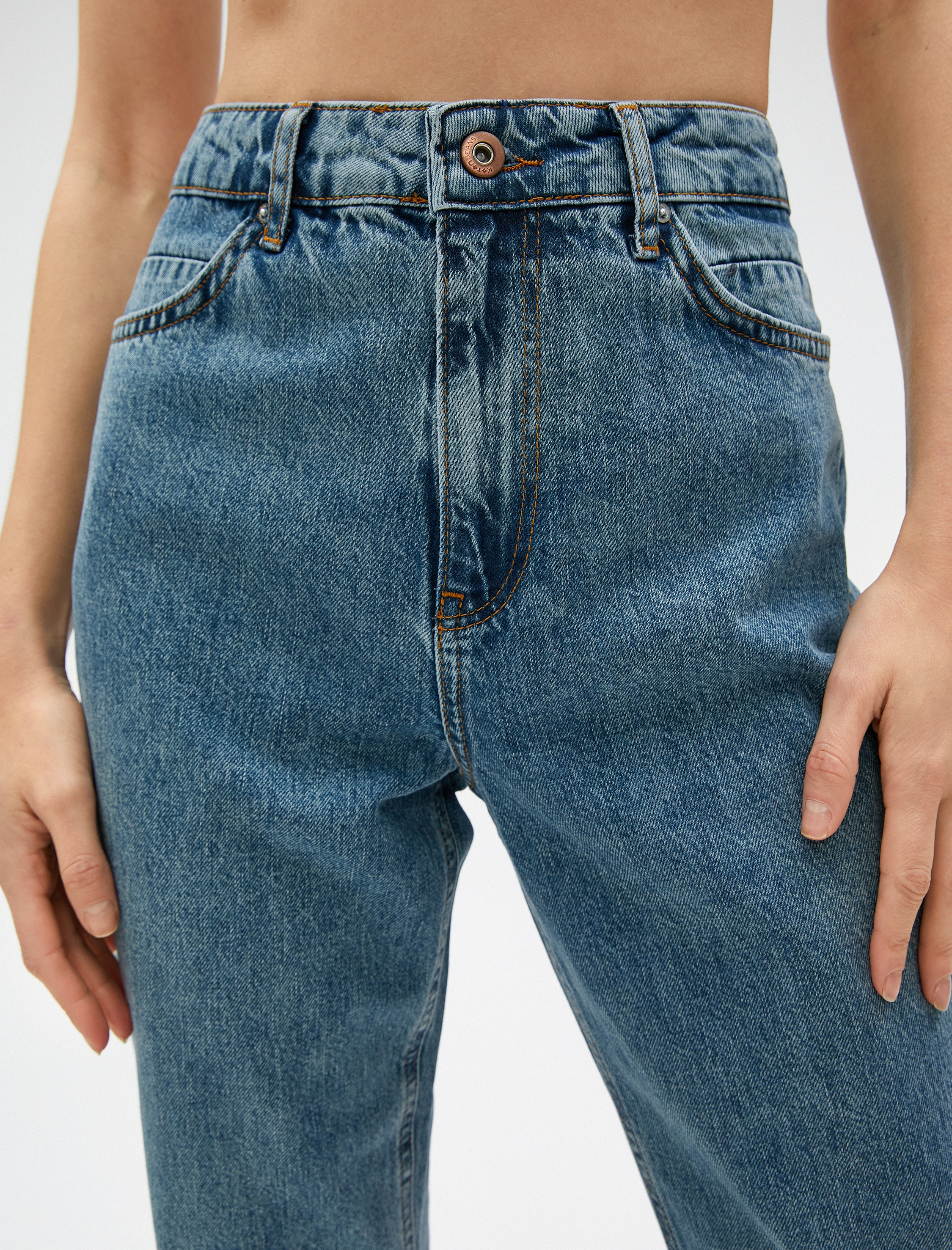   Yüksek Bel Kot Pantolon Rahat Kesim Hafif Dar Paça - Mom Jean