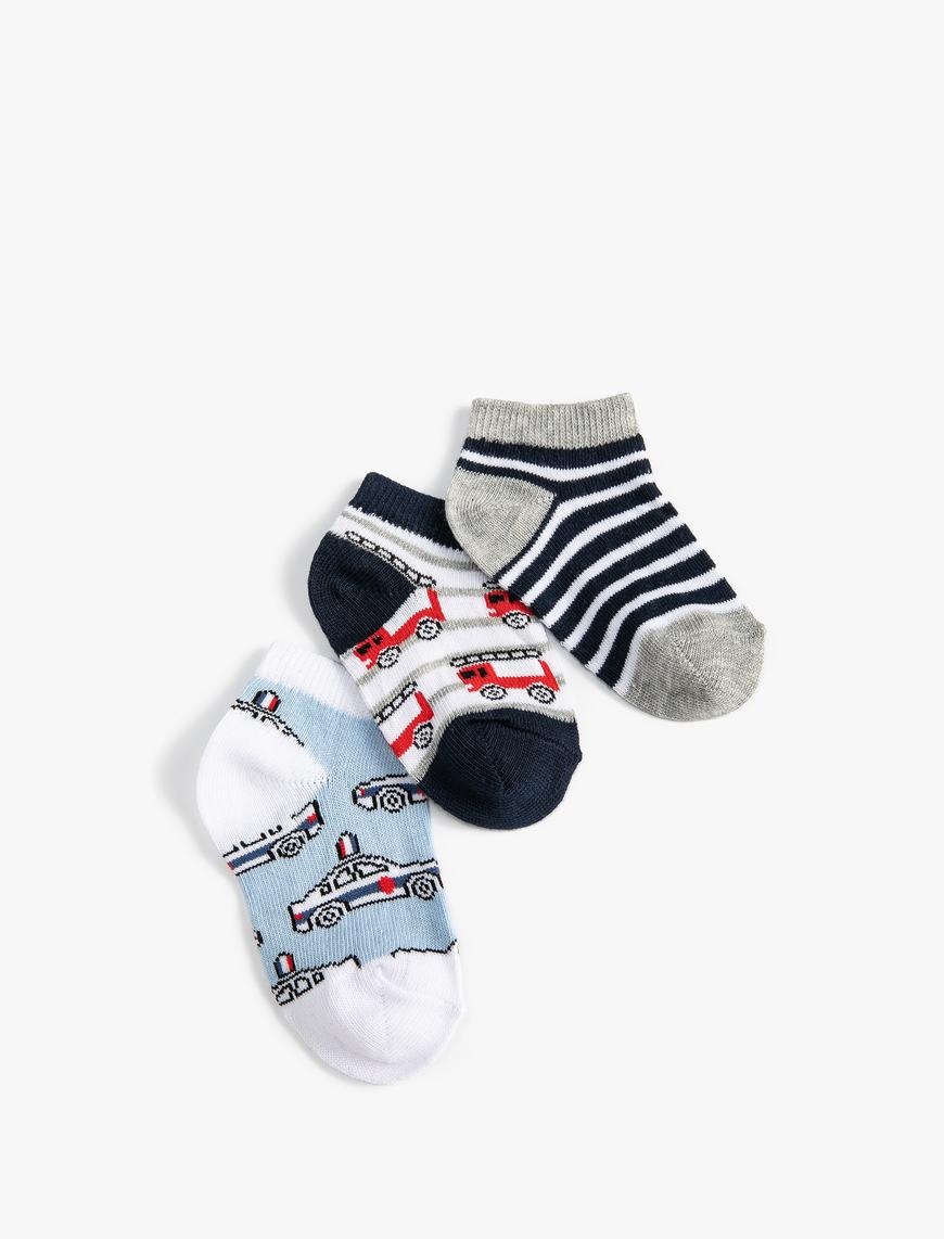  Erkek Bebek Çorap Seti 3’lü Çok Renkli Çizgili Pamuk Karışımlı