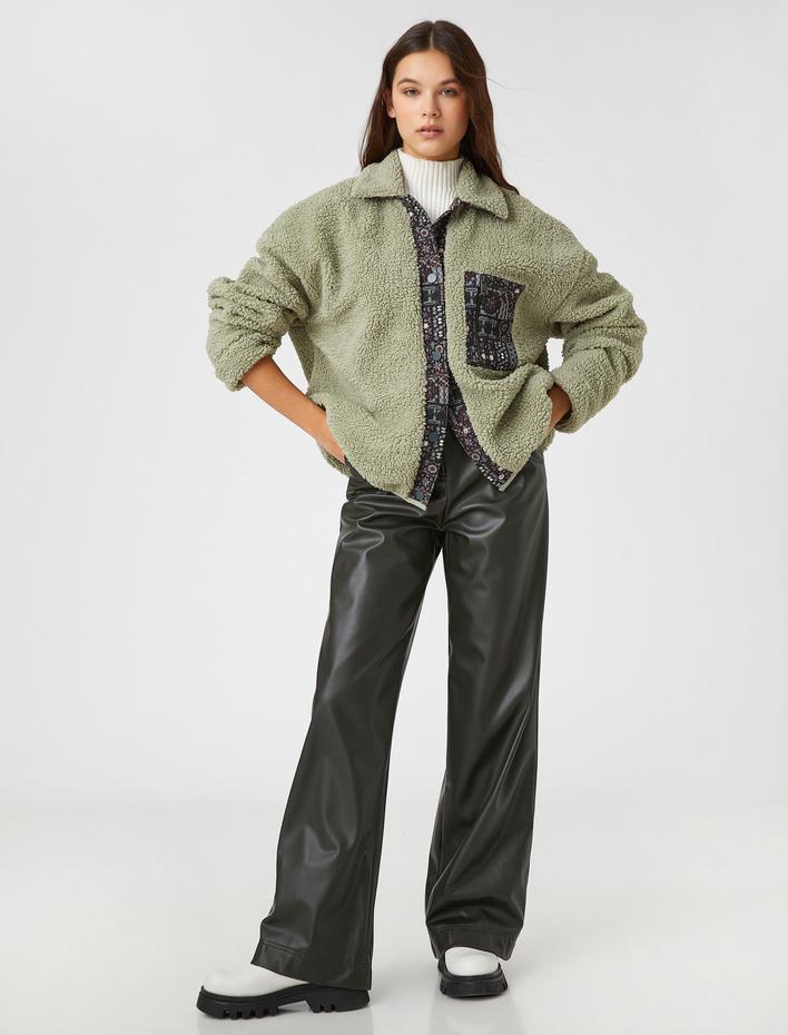  Peluş Gömlek Ceket Etnik Desenli Gömlek Yaka Çıtçıt Kapama