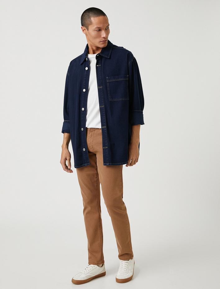  Basic Dokuma Pantolon Düğme Detaylı 5 Cepli