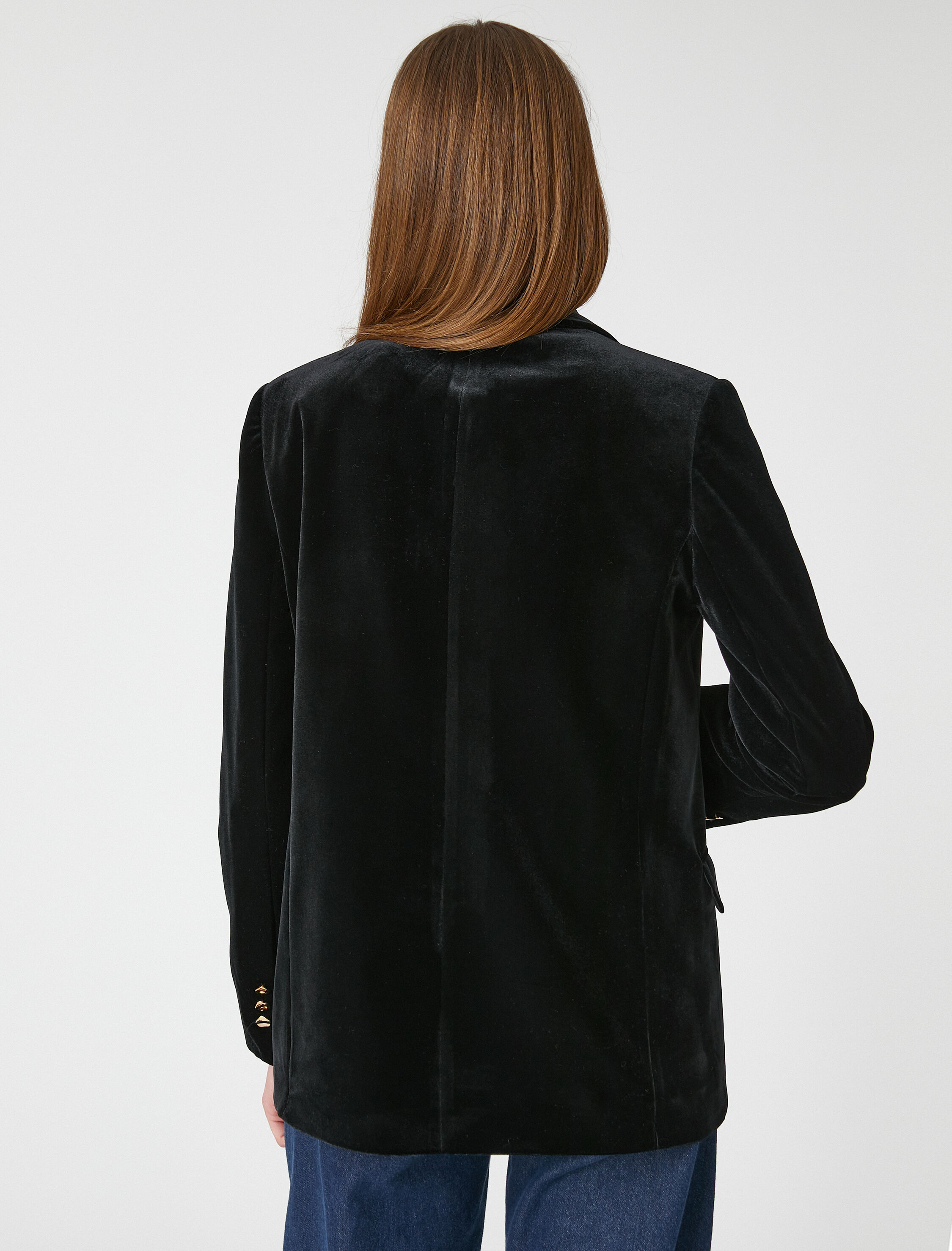   Kadife Blazer Ceket Kruvaze Düğmeli Cep Detaylı