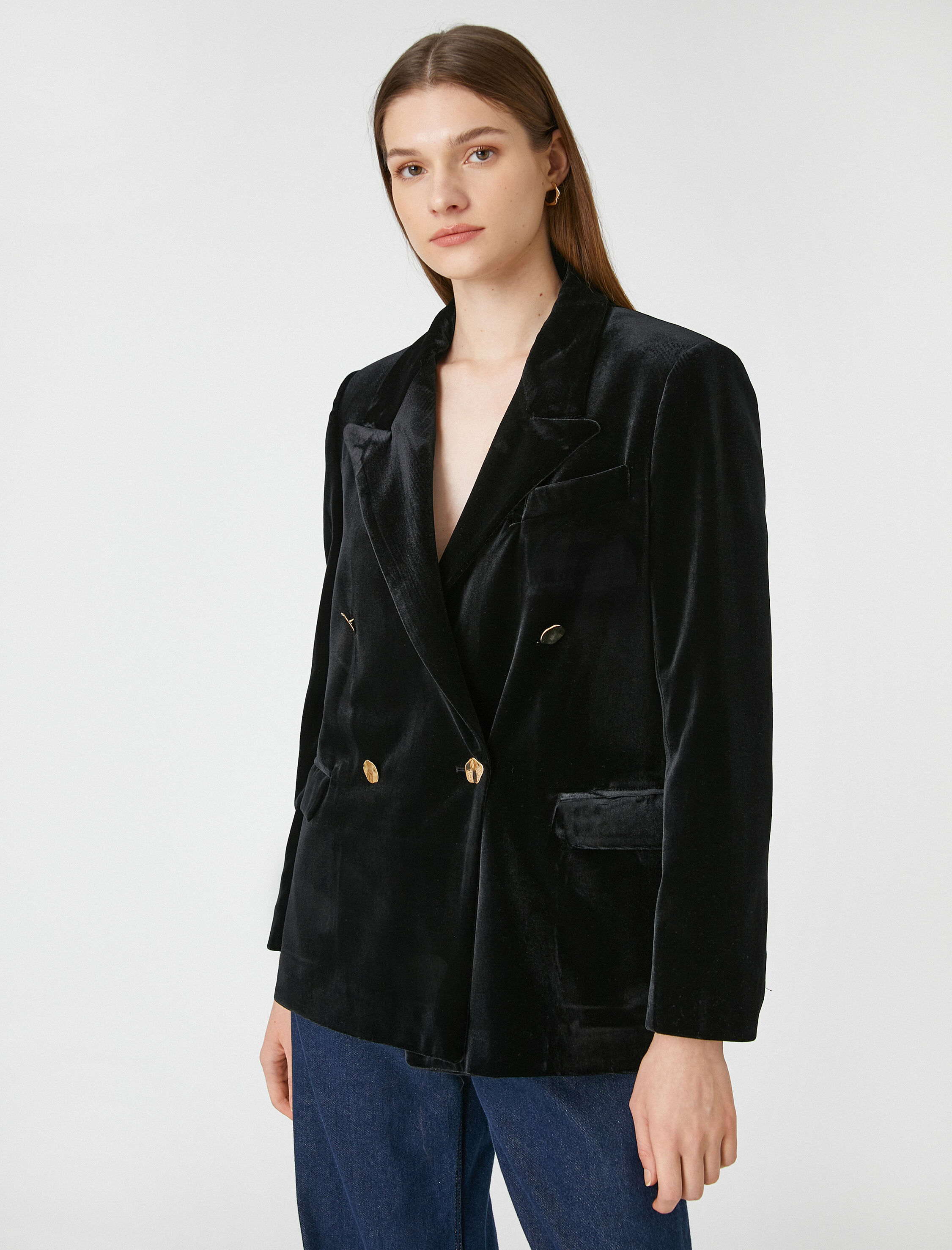   Kadife Blazer Ceket Kruvaze Düğmeli Cep Detaylı