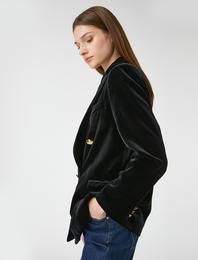 Kadife Blazer Ceket Kruvaze Düğmeli Cep Detaylı