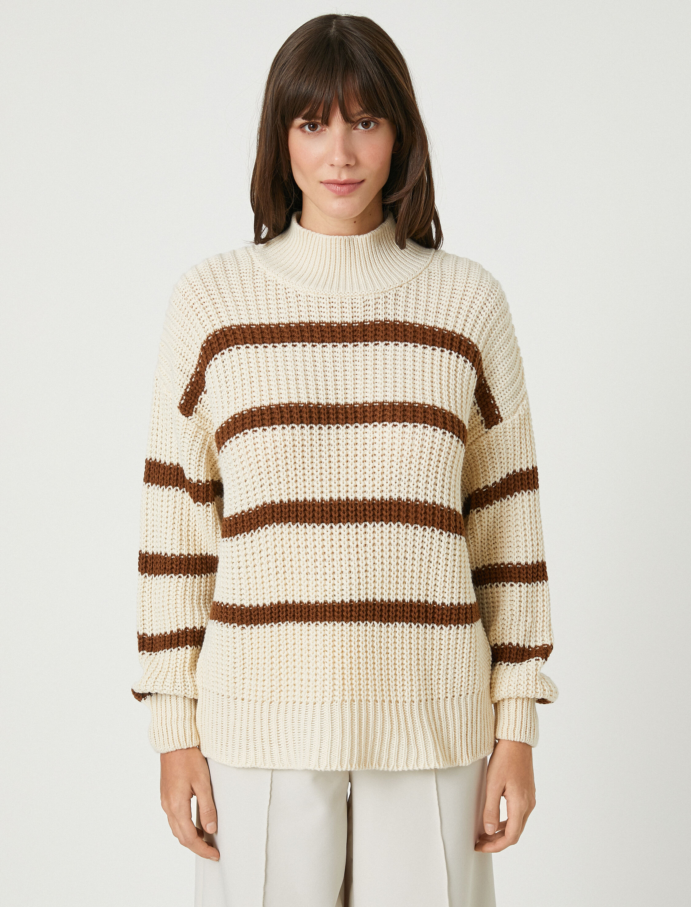   Oversize Örgü Kazak Yarım Balıkçı Yaka