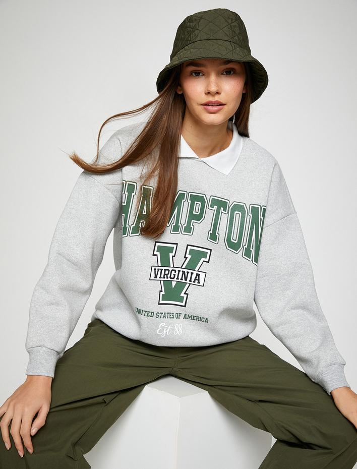  Şardonlu Kolej Sweatshirt Polo Yaka Baskılı Uzun Kollu