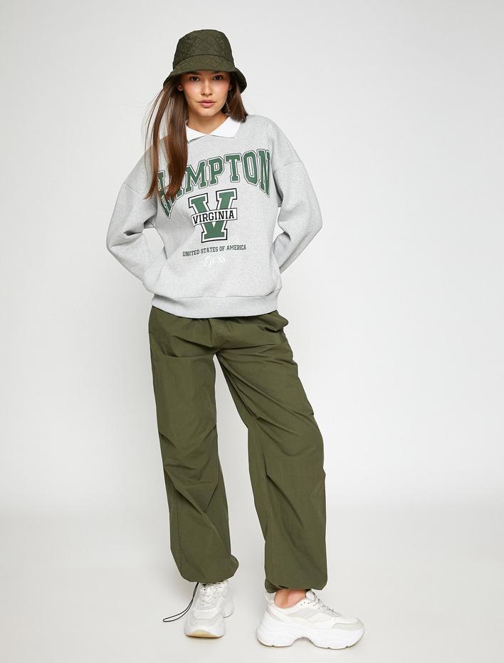  Şardonlu Kolej Sweatshirt Polo Yaka Baskılı Uzun Kollu