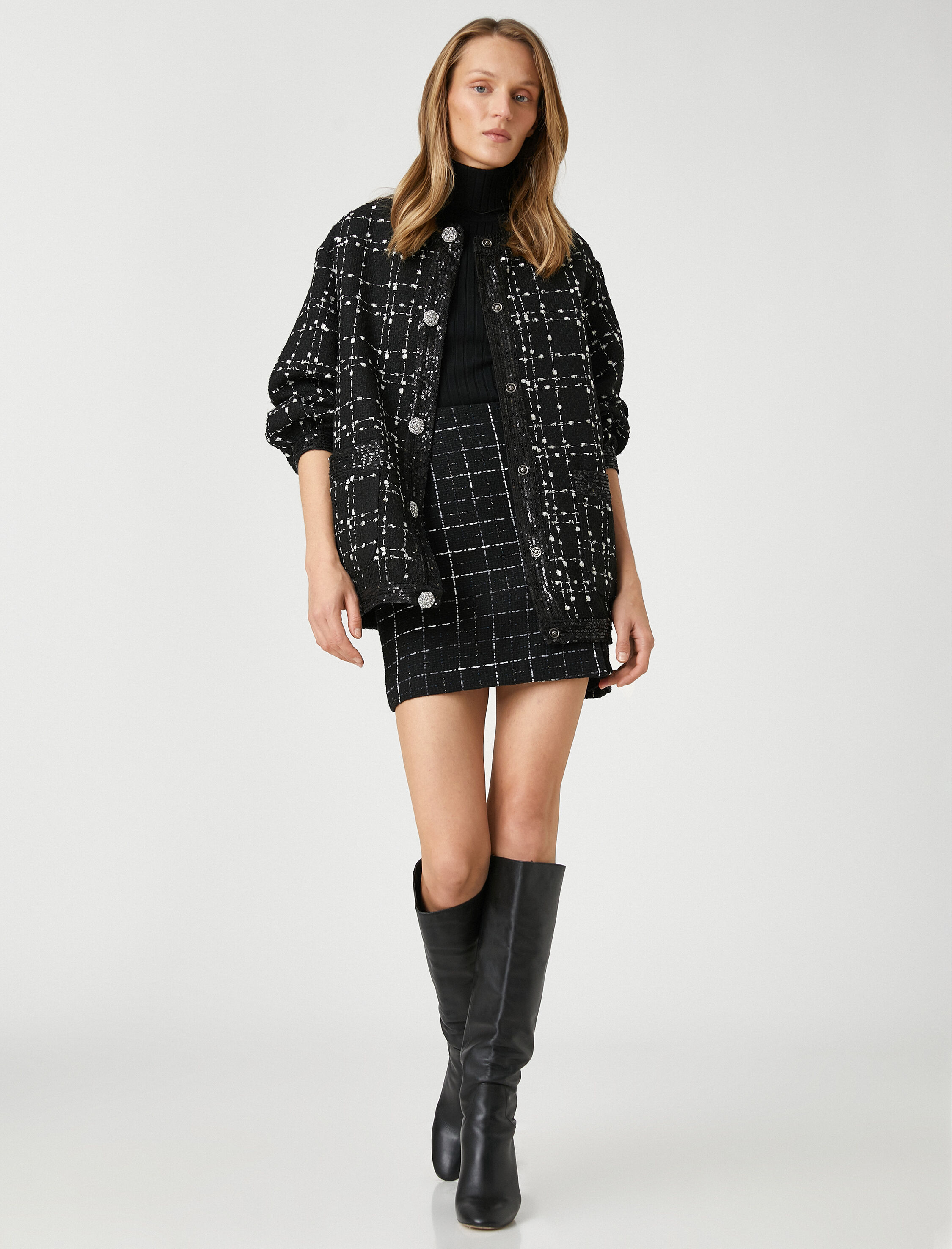 Tüvit Bomber Ceket Payet Detaylı Taşlı Düğmeli Yuvarlak Yaka