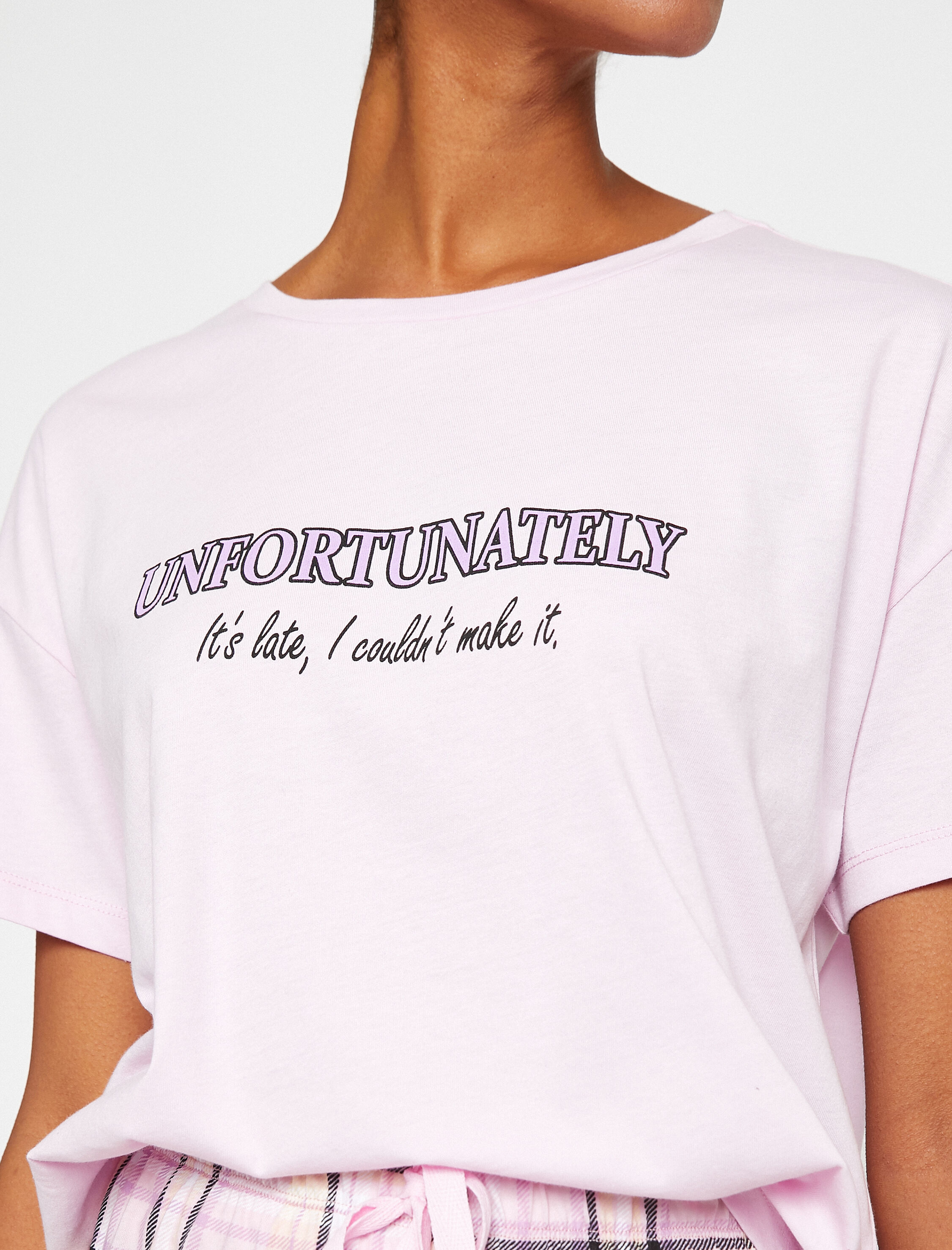   Kareli Pijama Takımı Kısa Kollu Slogan Baskılı