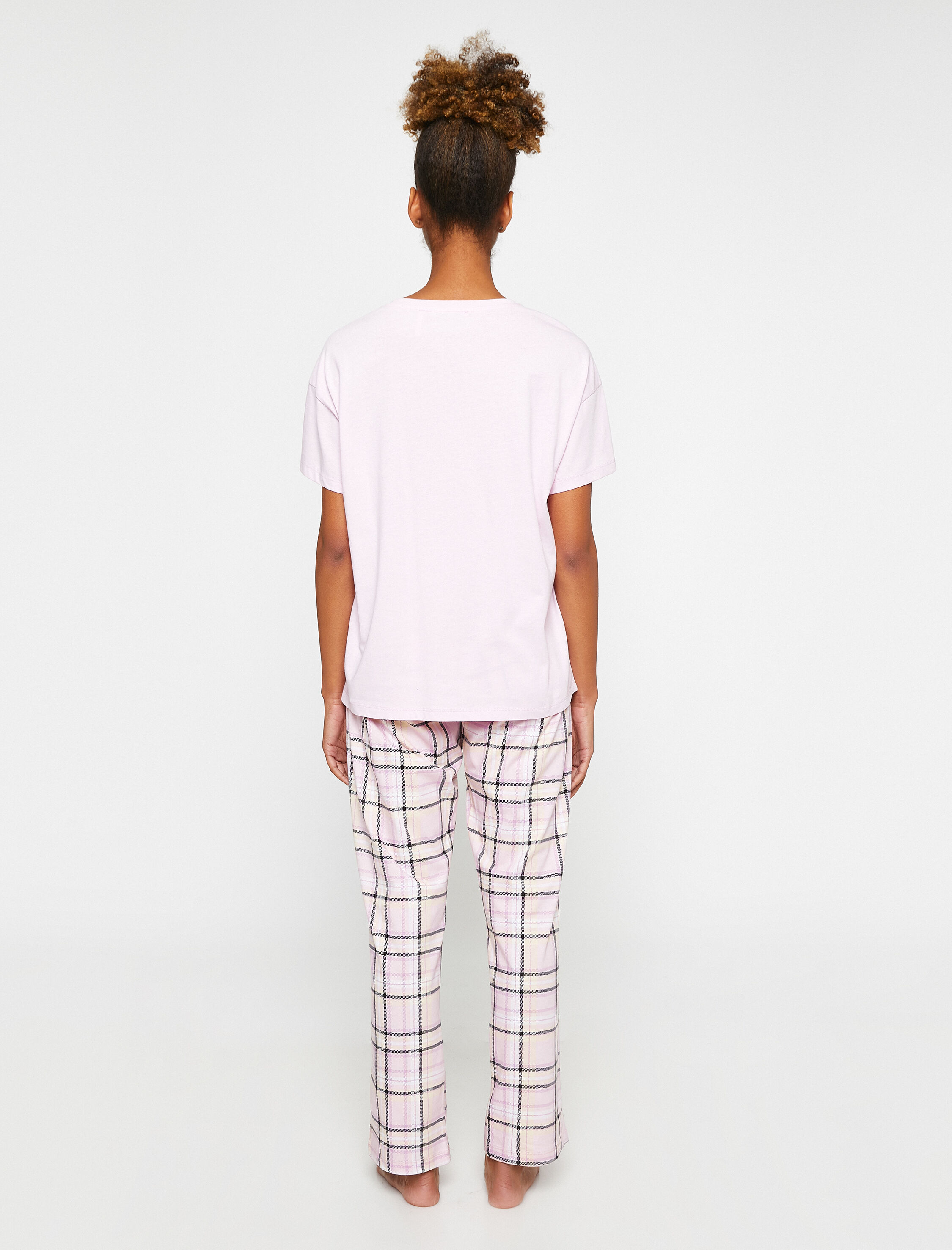   Kareli Pijama Takımı Kısa Kollu Slogan Baskılı