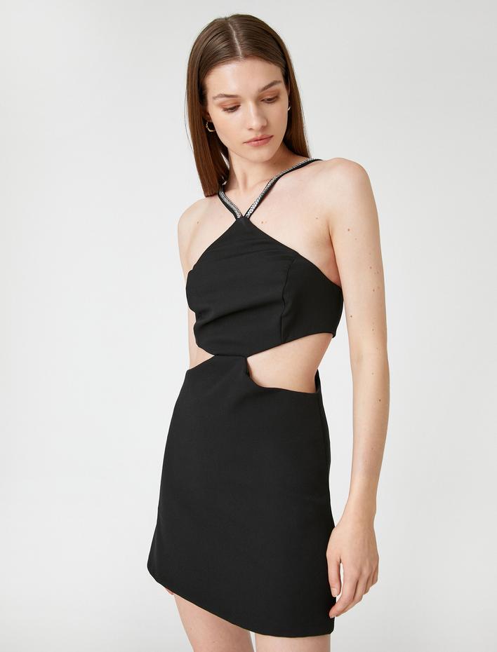  Mini Gece Elbisesi Askısı Taşlı Pencere Detaylı