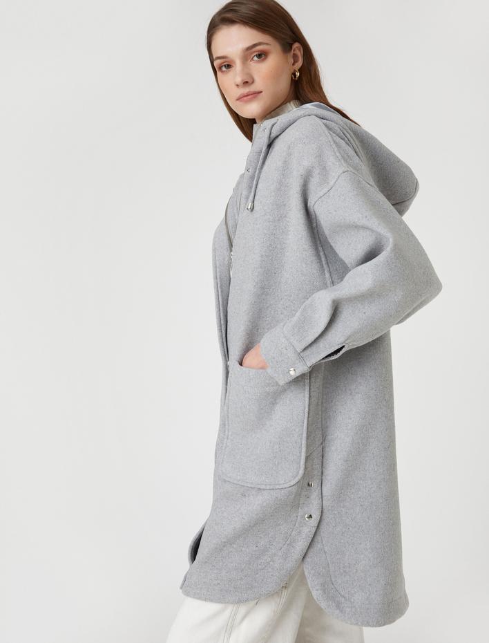  Oversize Kapüşonlu Kaşe Kaban Cepli Fermuarlı