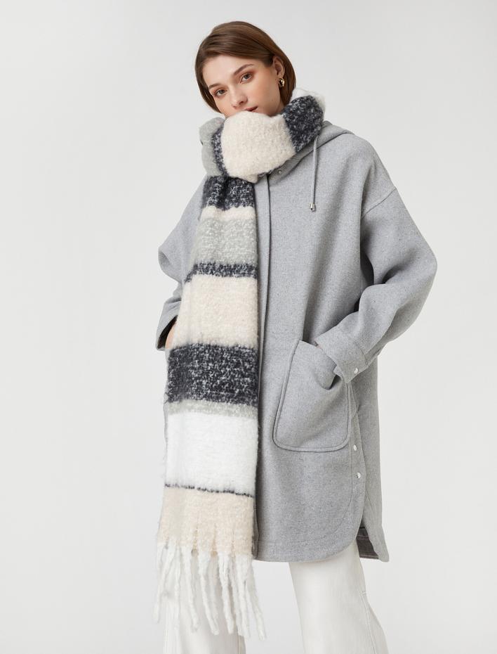  Oversize Kapüşonlu Kaşe Kaban Cepli Fermuarlı