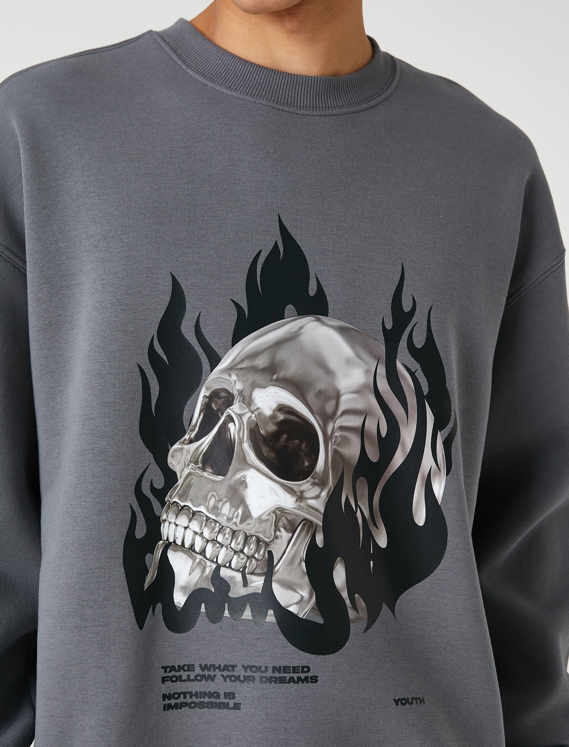   Basic Oversize Sweatshirt Kuru Kafa Baskılı Bisiklet Yaka Şardonlu