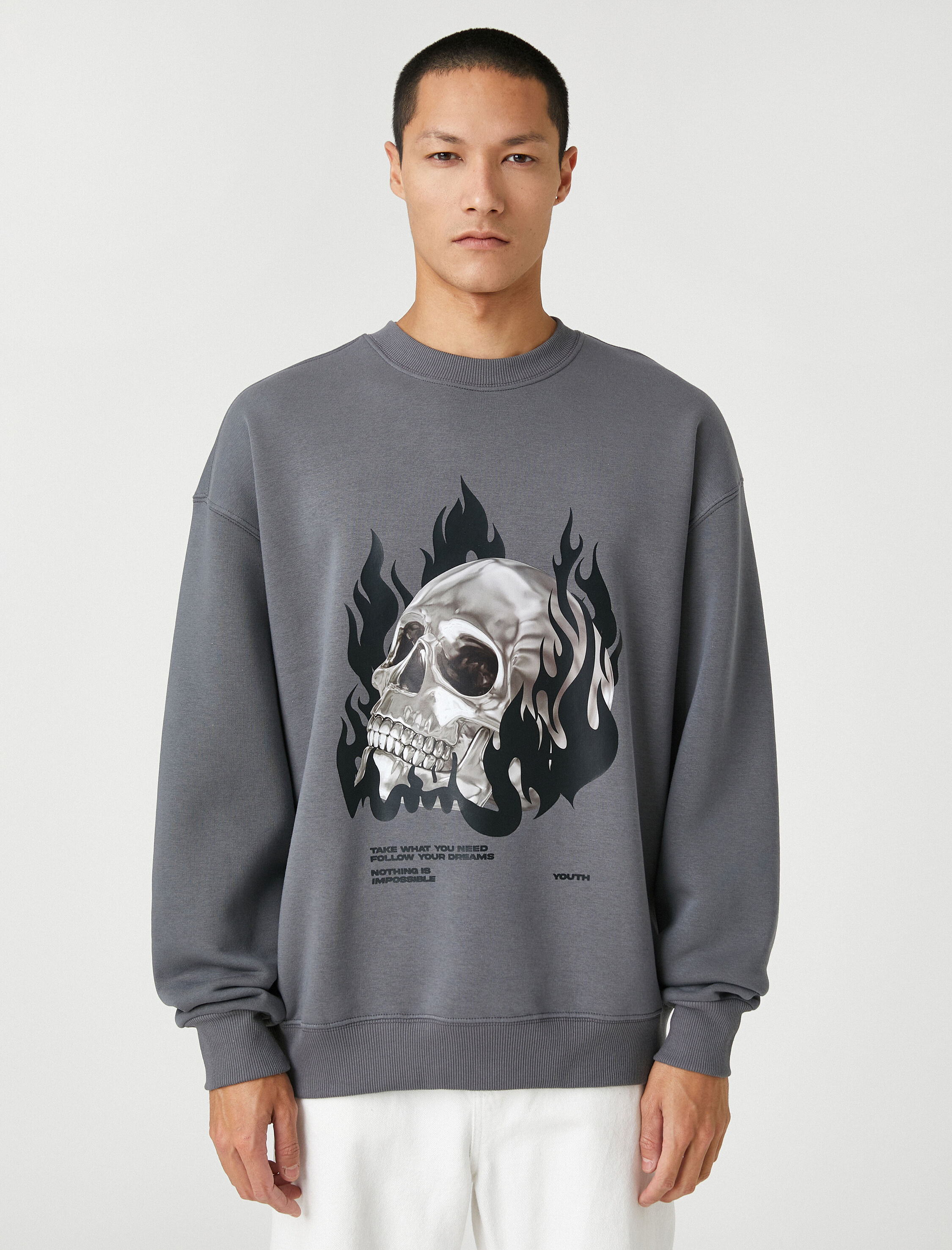   Basic Oversize Sweatshirt Kuru Kafa Baskılı Bisiklet Yaka Şardonlu