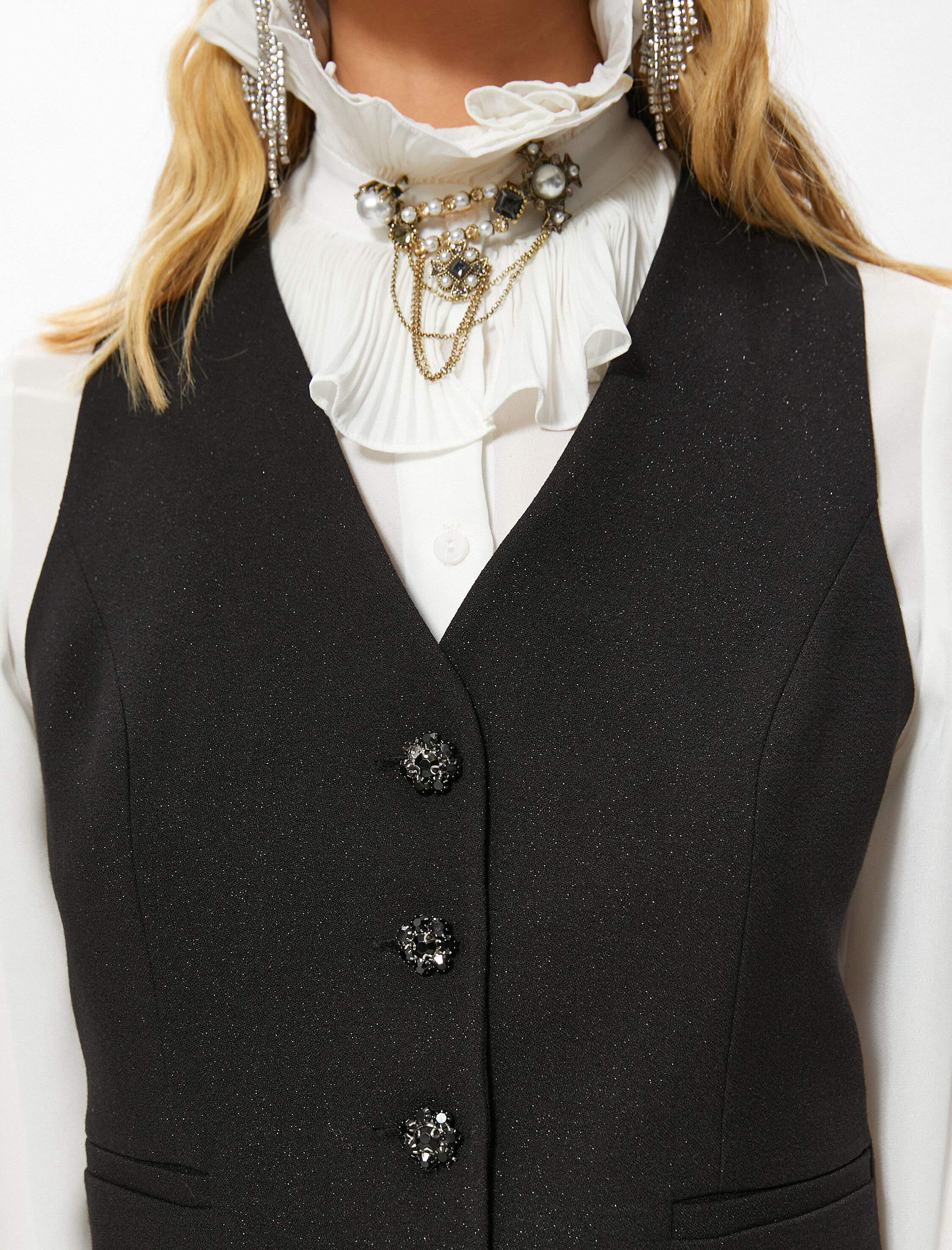   Simli Crop Yelek Taşlı Düğmeli Fileto Cep Detaylı