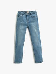 Kot Pantolon Yıpratılmış Detaylı Pamuklu Cepli - Slim Jean  Beli Ayarlanabilir Lastikli