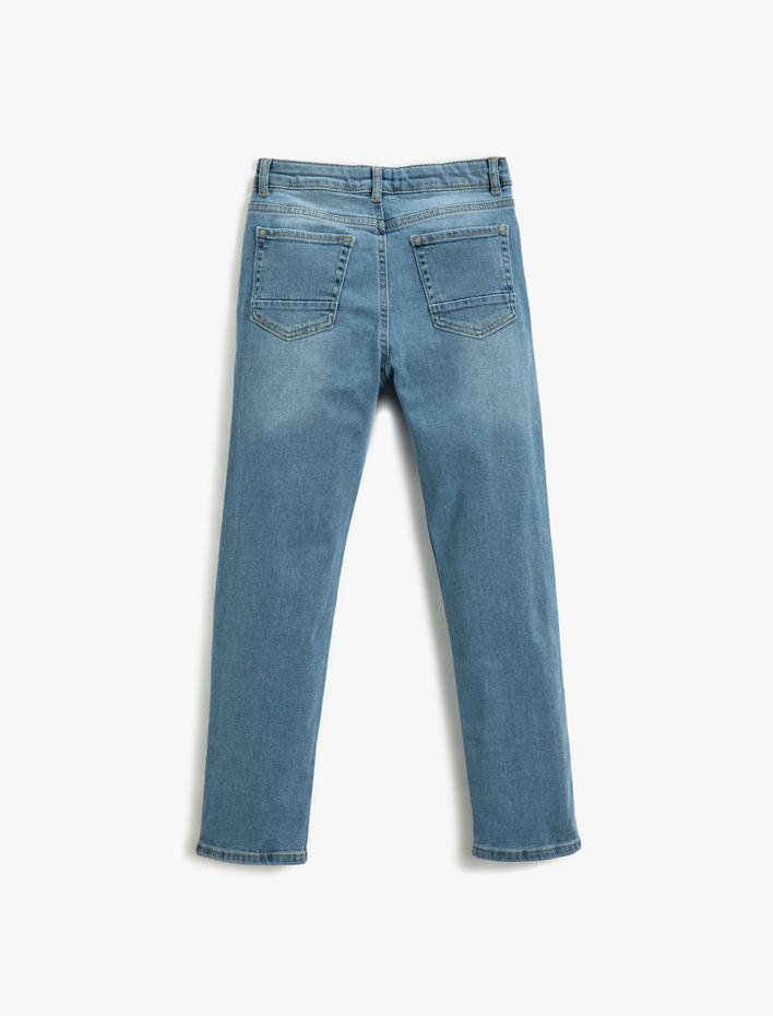 Erkek Çocuk Kot Pantolon Yıpratılmış Detaylı Pamuklu Cepli - Slim Jean  Beli Ayarlanabilir Lastikli