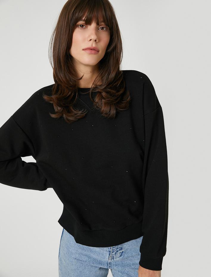  Taş Detaylı Sweatshirt Bisiklet Yaka